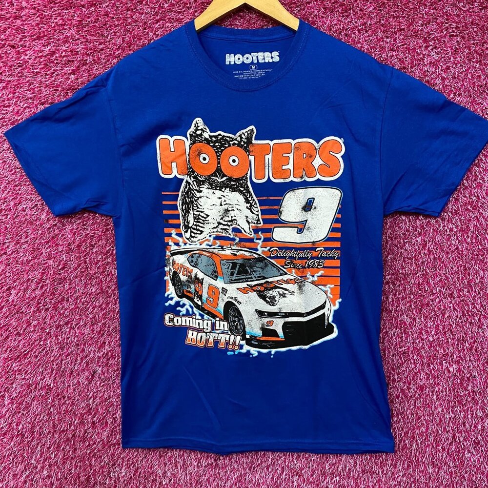 Hooters Royal Blue Graphic Tee with Orange & White Racing Design